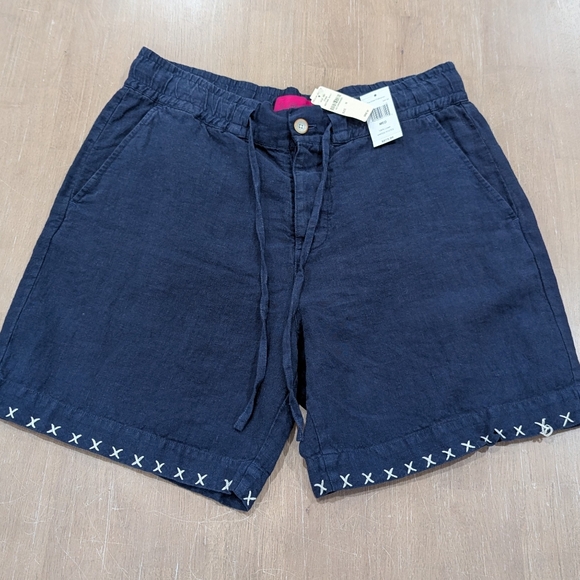 $895 Mens The Elder Statesman Topstitch Linen Shorts Navy Medium